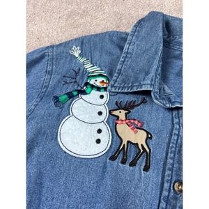 VTG Holiday Editions Denim Shirt 1X Button Up Christmas Snowman Tree‎ Reindeer